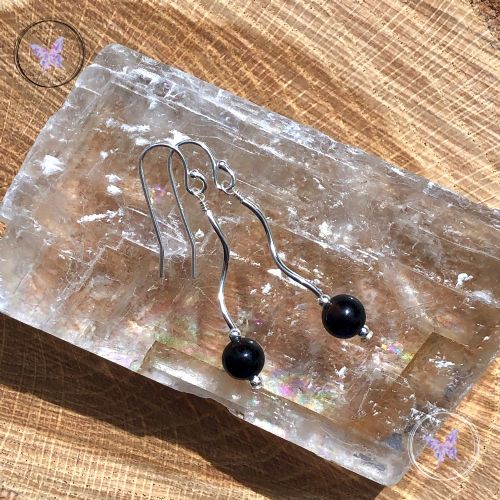 Black Agate Silver Twist Earrings